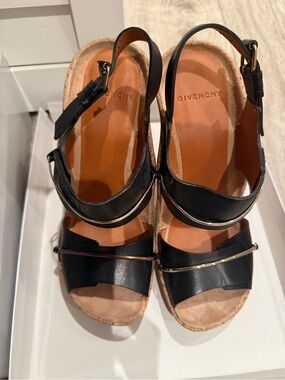 Givenchy Black Leather Slingback Wedge Sandals with Gold Bar Detail